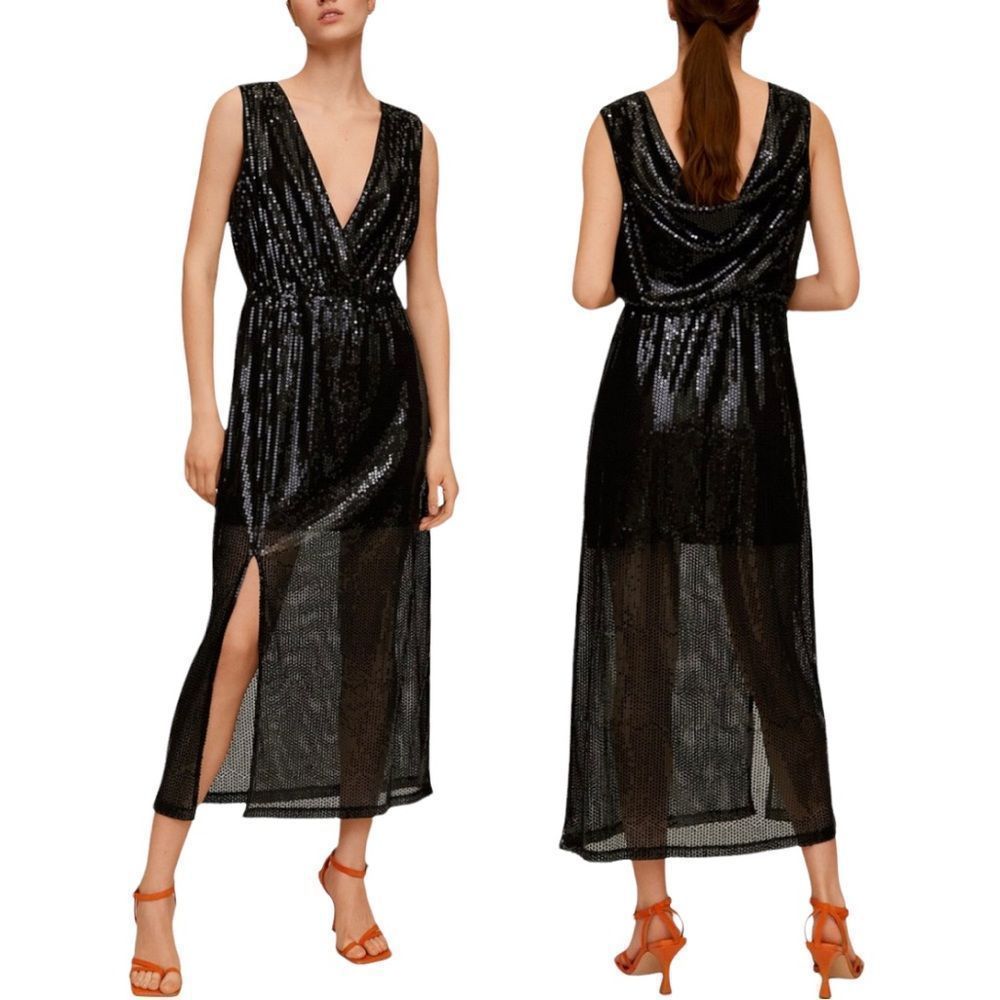 NEW MNG by Mango Black Sequin Side-Slit Polar V-Neck Maxi Dress Black